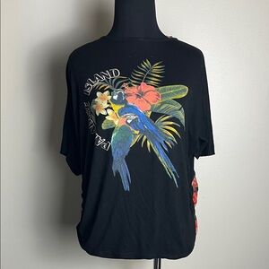 Paradise Island Black Tee with Colorful Parrot and Floral Print and lace back